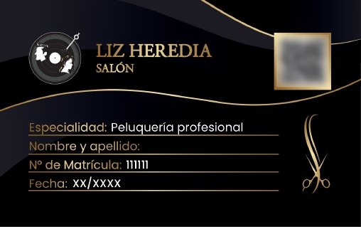 Curso de Peluquería Profesional Presencial | Aprende cortes unisex, alisados y más 8 Credencial de egresada Liz Heredia Salón — dorso, con matrícula y código QR