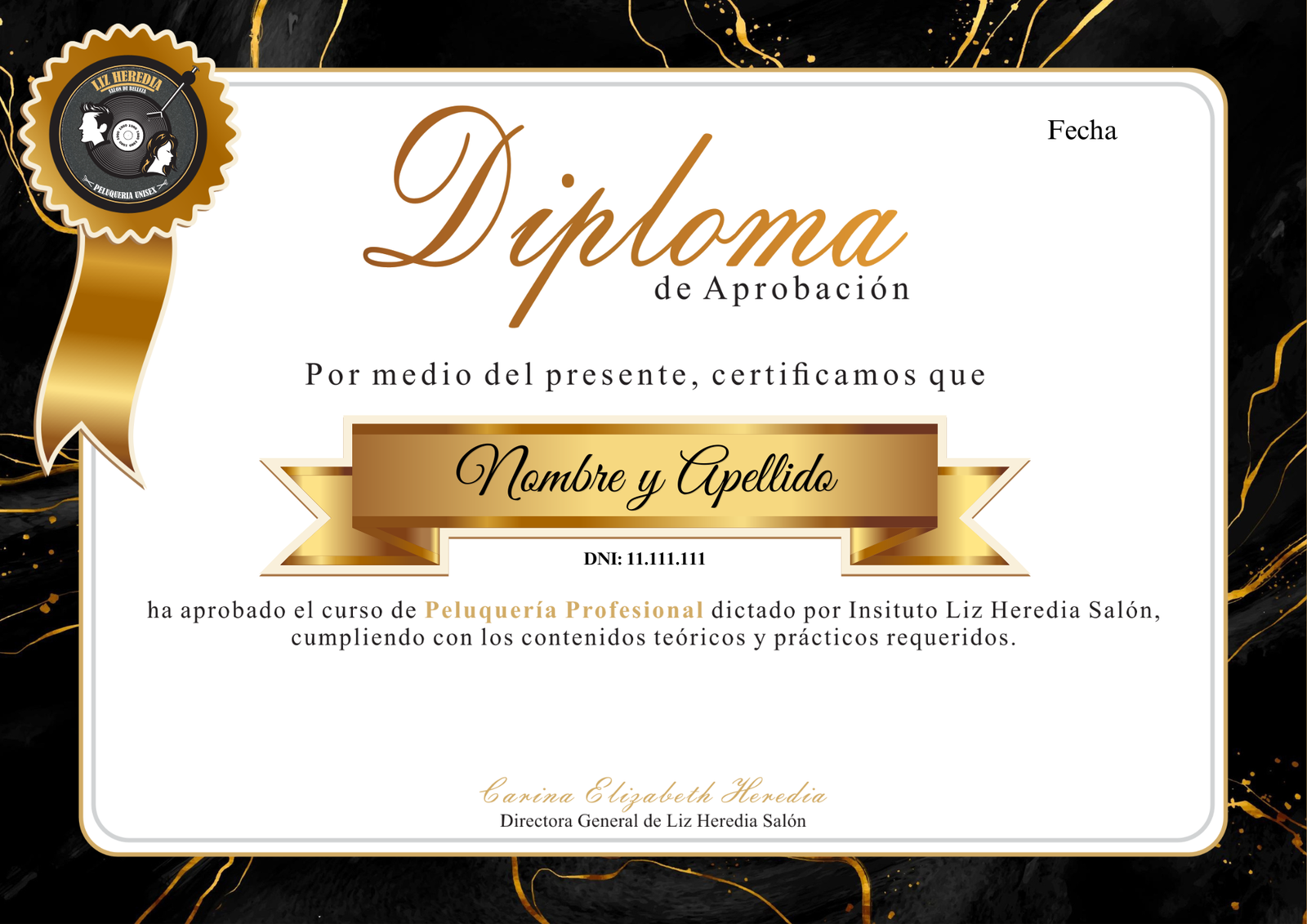 Curso de Peluquería Profesional Presencial | Aprende cortes unisex, alisados y más 6 Diploma de Aprobación de Peluquería Profesional — Liz Heredia Salón